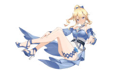 Rule 34 | 1girl, alternate costume, blonde hair, bow, breasts, cleavage cutout, clothing cutout, cross, cross earrings, deajay, detached sleeves, earrings, full body, genshin impact, hair bow, high heels, highres, jean (genshin impact), jean (sea breeze dandelion) (genshin impact), jewelry, legband, long hair, looking at viewer, medium breasts, ponytail, shirt, shorts, simple background, sleeveless, sleeveless shirt, solo, white background, white shorts