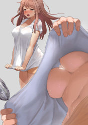 Rule 34 | 1girl, blush, breasts, brown eyes, brown hair, clothes pull, commentary request, covered erect nipples, dripping, electric fan, from below, grey background, hair blowing, hot, kaisen chuui, large breasts, long hair, messy hair, multiple views, navel, no bra, open mouth, original, revision, shirt, shirt pull, short shorts, short sleeves, shorts, simple background, stomach, sweat, underboob, upshirt, white shirt, yellow shorts