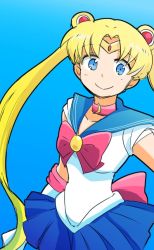 Rule 34 | 1990s (style), 1girl, bishoujo senshi sailor moon, blonde hair, blue background, blue eyes, choker, closed mouth, collarbone, double bun, elbow gloves, eyebrows, gloves, hair bun, hair ornament, jewelry, koi (artist), long hair, long twintails, looking at viewer, magical girl, miniskirt, pleated skirt, retro artstyle, ribbon, sailor moon, school uniform, serafuku, short sleeves, simple background, skirt, smile, solo, tagme, tiara, tsukino usagi, twintails, two side up, very long hair, white gloves