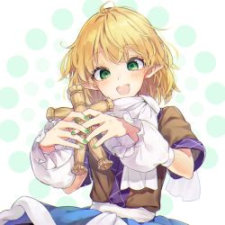Rule 34 | 1girl, :d, ahoge, akizuki haruhi, arm warmers, blonde hair, blue skirt, blush, brown shirt, commentary request, doll, green eyes, green nails, head tilt, holding, holding doll, looking at viewer, mizuhashi parsee, nail polish, open mouth, pointy ears, scarf, shirt, short hair, short sleeves, skirt, smile, solo, touhou, upper body, white background, white scarf