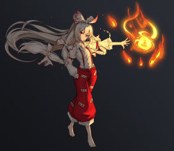 Rule 34 | 1044460315, 1girl, barefoot, black background, bow, fire, fujiwara no mokou, full body, hair bow, hand up, long hair, long sleeves, looking at viewer, ofuda, ofuda on clothes, pants, red eyes, ribbon, shirt, sidelocks, simple background, solo, suspenders, torn clothes, torn sleeves, touhou, very long hair, white hair, white shirt