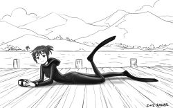 Rule 34 | 1girl, bad id, bad pixiv id, bodysuit, diving mask, diving suit, female focus, flippers, goggles, greyscale, hill, leg up, lying, monochrome, nature, on stomach, outdoors, pier, plant, ponytail, saver (artbysaver), short ponytail, sky, solo, water, wetsuit