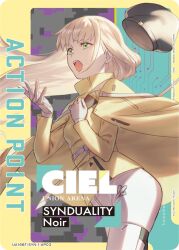 1girl belt beret blonde_hair bodysuit boots cape card_(medium) character_name ciel_(synduality) circuit_board_print copyright_name cropped_legs floating_cape floating_hair from_side green_eyes hand_on_own_chest hat jacket long_hair magus_(synduality) mosaic_background murakami_hisashi music official_art signing synduality synduality_noir turtleneck turtleneck_jacket unworn_hat unworn_headwear