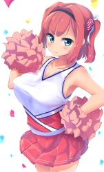 Rule 34 | 1girl, bad id, bad pixiv id, bare shoulders, black hairband, blush, bow, breasts, brown hair, cheerleader, cleavage, closed mouth, collarbone, commentary request, confetti, green eyes, hair bow, hair intakes, hairband, hand on own hip, highres, holding, large breasts, long hair, looking at viewer, mochizuki momiji, new game!, nitro (mugityaoisii), one side up, pleated skirt, pom pom (cheerleading), red skirt, shirt, sidelocks, simple background, skirt, sleeveless, sleeveless shirt, solo, white background, white shirt
