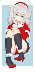 Rule 34 | 1girl, black socks, blue background, blue eyes, closed mouth, dated, dyxm, full body, fur-trimmed headwear, fur-trimmed sleeves, fur trim, hat, head tilt, high heels, highres, kantai collection, kashima (kancolle), kneehighs, looking at viewer, outside border, panties, pantyshot, red footwear, red hat, red panties, santa costume, santa hat, signature, silver hair, simple background, sitting, smile, socks, solo, two side up, underwear, white background