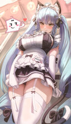 Rule 34 | 1girl, absurdres, animal ear fluff, animal ears, apron, black dress, black panties, blue hair, blurry, blurry background, blush, breasts, cat ears, cat tail, center frills, commentary, dress, elbow gloves, embarrassed, english commentary, frills, from below, gloves, goddess of victory: nikke, heart, highres, jindogod, large breasts, long hair, looking down, maid, maid apron, official alternate costume, panties, pantyshot, paw hair ornament, privaty (nikke), privaty (unkind maid) (nikke), short dress, skindentation, skirt hold, solo, spoken object, tail, thick thighs, thighhighs, thighs, twintails, underwear, v-shaped eyebrows, very long hair, white gloves, white thighhighs, yellow eyes, zettai ryouiki