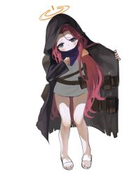 Rule 34 | 1girl, bandana around neck, black jacket, blue archive, blush, braid, closed mouth, dokomon, dress, forehead, full body, halo, highres, hood, hood down, hooded jacket, jacket, long hair, long sleeves, merchant (resident evil), open clothes, open jacket, power symbol, purple eyes, red hair, sandals, short dress, simple background, sleeveless, sleeveless dress, solo, standing, very long hair, white background, white dress, white footwear, yuzu (blue archive)