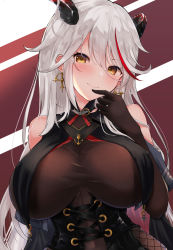 Rule 34 | 1girl, aegir (azur lane), azur lane, bare shoulders, black gloves, blush, bodystocking, breast curtains, breasts, corset, covered erect nipples, covered navel, cross, earrings, elbow gloves, finger to mouth, gloves, hair between eyes, highres, horns, iron cross, jewelry, large breasts, long hair, multicolored hair, red hair, shionootsu, silver hair, streaked hair, two-tone background, two-tone hair, upper body, very long hair