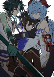 Rule 34 | 1girl, 2boys, absurdres, ahoge, arm tattoo, asymmetrical gloves, bead necklace, beads, bell, black gloves, black hair, blue hair, breasts, brown hair, closed eyes, closed mouth, coat, curled horns, detached sleeves, facial mark, forehead mark, ganyu (genshin impact), gem, genshin impact, gloves, glowing, glowing eyes, gradient hair, green hair, highres, holding, holding polearm, holding weapon, horns, jewelry, large breasts, long hair, looking at viewer, multicolored hair, multiple boys, neck bell, necklace, polearm, ponytail, protecting, purple eyes, serious, shisui53, simple background, tattoo, very long hair, vision (genshin impact), weapon, white background, wide sleeves, xiao (genshin impact), zhongli (genshin impact)