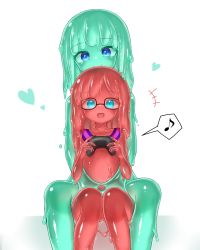 Rule 34 | 2girls, blue eyes, blue hair, blue skin, borrowed character, clarissa mariana (earlyej), colored skin, curss, flat chest, glasses, green hair, green skin, heart, highres, hug, monster girl, mother and daughter, multiple girls, open mouth, red hair, red skin, ruby (earlyej), slime girl, smile, video game