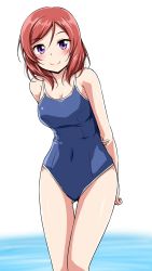 Rule 34 | 10s, 1girl, arms behind back, blue one-piece swimsuit, blush, breasts, cleavage, collarbone, competition school swimsuit, highres, large breasts, looking at viewer, love live!, love live! school idol project, nishikino maki, one-piece swimsuit, purple eyes, red hair, school swimsuit, short hair, smile, solo, standing, swimsuit, yopparai oni