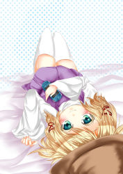 Rule 34 | 1girl, absurdres, blonde hair, blue eyes, female focus, hair ribbon, handheld game console, hat, highres, long sleeves, looking up, lying, moriya suwako, on back, on bed, oumi hi, playstation portable, ribbon, short hair, skirt, smile, solo, thighhighs, touhou, white thighhighs, wide sleeves