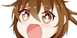 Rule 34 | 10s, 1girl, brown eyes, brown hair, eyebrows, fumizuki (kancolle), gradient eyes, hair between eyes, kantai collection, looking at viewer, messy hair, multicolored eyes, nahaki, open mouth, portrait, simple background, sin-poi, solo, sparkling eyes, symbol-shaped pupils, white background