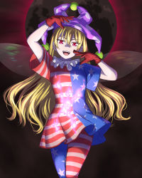 Rule 34 | 1girl, american flag dress, american flag pants, arms up, ater9, black background, blonde hair, breasts, clownpiece, commentary, dress, eclipse, english commentary, fairy wings, fang, fangs, fire, gloves, gradient background, hair between eyes, hands up, hat, highres, jester cap, long hair, looking at viewer, lunar eclipse, medium breasts, moon, multicolored eyes, neck ruff, open mouth, pants, pink background, pink eyes, pink fire, polka dot, purple hat, red eyes, red gloves, short sleeves, smile, solo, standing, star (symbol), star print, striped clothes, striped dress, striped pants, teeth, tongue, touhou, v-shaped eyebrows, wings