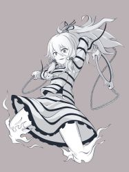 Rule 34 | 1girl, chain, commentary request, cuffs, ghost tail, grey background, hair ornament, hair tubes, highres, long hair, long sleeves, miyadeguchi mizuchi, ponytail, prison clothes, shackles, shirt, simple background, skirt, skull hair ornament, solo, striped clothes, striped shirt, touhou, yan pai