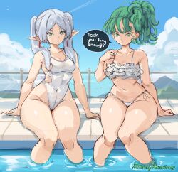 2girls alternate_costume bikini blue_sky breasts cloud commentary covered_navel crossover curly_hair earrings elf english_commentary english_text frieren frilled_bikini frills green_eyes green_hair grey_hair highleg highleg_one-piece_swimsuit highres jewelry long_hair looking_at_viewer multiple_girls navel one-piece_swimsuit one-punch_man outdoors parted_bangs patreon_username pointy_ears pool rakeemspoon short_eyebrows short_hair side-tie_bikini_bottom side_ponytail sitting sky small_breasts sousou_no_frieren speech_bubble swimsuit tatsumaki thick_eyebrows thick_thighs thighs twintails white_bikini white_one-piece_swimsuit