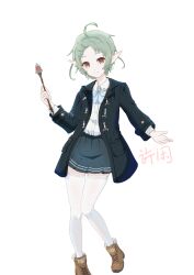 Rule 34 | 1girl, absurdres, alternate costume, black jacket, blue skirt, boots, brown footwear, closed mouth, collared shirt, elf, green hair, highres, holding, holding wand, jacket, looking at viewer, mushoku tensei, pleated skirt, pointy ears, red eyes, shirt, short hair, skirt, smile, solo, sylphiette (mushoku tensei), thighhighs, wand, white background, white shirt, white thighhighs, xuweibin