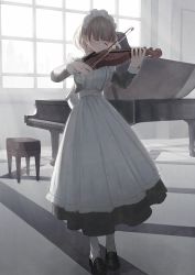 Rule 34 | 1girl, absurdres, apron, black dress, black footwear, brown hair, closed eyes, closed mouth, commentary request, day, dress, frilled apron, frills, grand piano, highres, holding, holding instrument, holding violin, indoors, instrument, loafers, long sleeves, maid, maid apron, maid headdress, music, original, pantyhose, piano, piano bench, playing instrument, shii (kairi-t-k0317), shoes, solo, standing, sunlight, violin, white apron, white pantyhose, window