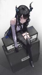 Rule 34 | 1girl, amplifier, argyle, argyle clothes, argyle legwear, asymmetrical horns, asymmetrical legwear, black footwear, black gloves, black hair, black horns, black skirt, black thighhighs, blue hair, chest belt, closed mouth, clothing cutout, colored inner hair, commentary, demon horns, expressionless, from above, garter straps, gloves, hand on own face, hexagon print, highres, hololive, hololive english, horns, long hair, long sleeves, looking ahead, looking up, multicolored hair, nerissa ravencroft, nerissa ravencroft (1st costume), parted bangs, pencil skirt, red eyes, reon (98109reon), ribbed shirt, shirt, shoulder cutout, sitting, sitting on object, skirt, solo, symbol-only commentary, thighhighs, two-tone hair, uneven horns, virtual youtuber, white shirt