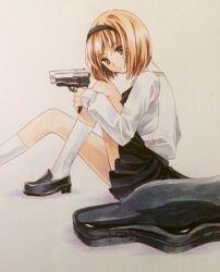 Rule 34 | 1girl, ascot, black ascot, black hairband, black skirt, brown eyes, brown hair, closed mouth, commentary request, dress, expressionless, gun, gunslinger girl, hairband, henrietta (gunslinger girl), holding, holding gun, holding weapon, kaigen 1025, long sleeves, miniskirt, painting (medium), pleated dress, shirt, sig sauer, sig sauer p239, simple background, skirt, socks, solo, traditional media, watercolor (medium), weapon, white background, white shirt, white socks