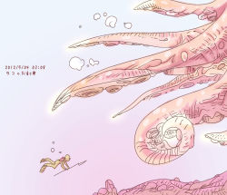 Rule 34 | 10s, 2012, air bubble, androgynous, animal request, bubble, dated, gender request, gradient background, lance, monster, original, polearm, size difference, solo, spear, swimming, tentacles, text focus, underwater, weapon, yanagi yagiaji