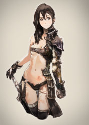 Rule 34 | 1girl, absurdres, arm at side, armor, asymmetrical clothes, bare shoulders, belt bra, bikini armor, black eyes, black gloves, black hair, black panties, black thighhighs, blush, breasts, bruise, cape, cleavage, clenched hand, closed mouth, cowboy shot, eyelashes, faulds, gauntlets, gloves, gradient background, hair between eyes, highres, injury, jewelry, long hair, looking at viewer, looking to the side, navel, o-ring, o-ring bottom, okuto, original, panties, pauldrons, revealing clothes, ring, shoulder armor, smile, solo, stomach, sword, thigh gap, thighhighs, underboob, underwear, waist cape, warrior, weapon