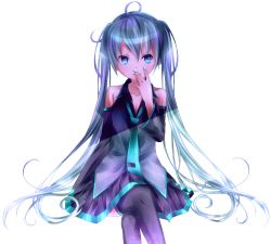 Rule 34 | 1girl, bad id, bad pixiv id, hatsune miku, long hair, satou (una-vittima), simple background, smile, solo, thighhighs, very long hair, vocaloid, white background