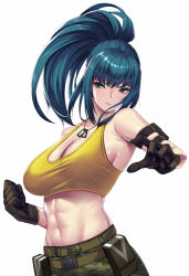 Rule 34 | 1girl, abs, armlet, bare shoulders, belt, blue eyes, blue hair, breasts, camouflage, camouflage pants, cleavage, clenched hand, closed mouth, crop top, dog tags, duplicate, gloves, highres, large breasts, leona heidern, long hair, navel, pants, pixel-perfect duplicate, ponytail, simple background, sleeveless, takanashi-a, tank top, the king of fighters, the king of fighters xiv, the king of fighters xv, toned, white background, yellow tank top