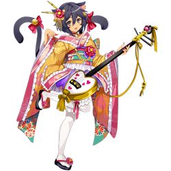 Rule 34 | 1girl, :3, animal ears, black hair, cat ears, cat girl, cat tail, character request, earrings, floral print, flower, full body, grey eyes, hair flower, hair ornament, instrument, instrument request, japanese clothes, jewelry, nail polish, official art, open mouth, paw pose, plectrum, red nails, sandals, sengoku providence, shamisen, solo, standing, standing on one leg, tail, transparent background, white legwear, wide sleeves