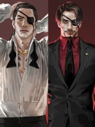 Rule 34 | 2boys, arms behind head, bandages, black hair, black pants, dress shirt, eyebrows, eyepatch, facial hair, formal, jane mere, jewelry, looking at viewer, majima goro, male focus, manly, multiple boys, necklace, aged up, pants, red background, red eyes, ryuu ga gotoku (series), ryuu ga gotoku 0, ryuu ga gotoku 5, shirt, short hair, simple background, suit, aged down