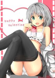 Rule 34 | 1girl, bad id, bad pixiv id, bandaid, bandaid on hand, bare shoulders, between breasts, black pantyhose, bra, breasts, clothes pull, collarbone, crossed legs, gift, green eyes, happy valentine, highres, light smile, lingerie, nemo (piisukun), object in clothes, open mouth, panties, pantyhose, pantyhose pull, sanya v. litvyak, shirt, short hair, silver hair, sitting, solo, strike witches, underwear, valentine, white panties, white shirt, world witches series