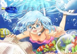 Rule 34 | 1girl, air bubble, bad id, bad pixiv id, blue eyes, blue hair, breasts, breath, bubble, blowing bubbles, clam, coral, diving, diving mask, downblouse, fish, flippers, freediving, goggles, happy, highres, nigiriushi, no bra, open mouth, original, snorkel, swimming, underwater