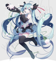 Rule 34 | 1girl, bare shoulders, black footwear, black skirt, black sleeves, blue eyes, blue hair, blue necktie, boots, collared shirt, commentary request, detached sleeves, flower, full body, grey background, grey shirt, hair between eyes, hatsune miku, highres, holding, holding microphone, kuroi (liar-player), long hair, long sleeves, looking at viewer, microphone, necktie, outstretched arm, pink flower, pink rose, rose, shirt, skirt, sleeveless, sleeveless shirt, smile, solo, thigh boots, twintails, two-tone background, very long hair, vocaloid, white background, wide sleeves