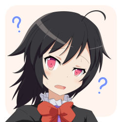 Rule 34 | 1girl, ?, ahoge, black dress, black hair, blush, border, bow, bowtie, cato (monocatienus), confused, dress, houjuu nue, looking at viewer, open mouth, pink background, portrait, raised eyebrow, red eyes, rounded corners, simple background, solo, sweat, touhou, uneven eyes, white border