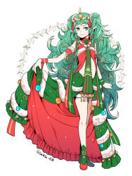 Rule 34 | 1girl, braid, christmas ornaments, closed mouth, dress, fire emblem, fire emblem: three houses, fire emblem heroes, full body, fur trim, green eyes, green hair, hair ornament, highres, long hair, nagao uka, nino (fire emblem), nino (winter) (fire emblem), nintendo, pointy ears, simple background, smile, solo, sothis (fire emblem), tiara, twin braids, twitter username, white background