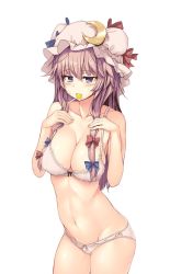 Rule 34 | 1girl, blush, bra, breasts, candy, crescent, fang, female focus, food, hair ribbon, hat, hat ribbon, highres, large breasts, lollipop, long hair, mob cap, mokumokuren (atariya kyoushitsu), mouth hold, navel, panties, patchouli knowledge, purple eyes, purple hair, ribbon, simple background, solo, stomach, sweat, touhou, underwear, underwear only, white background