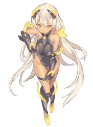 Rule 34 | 1girl, alternate color, angela balzac, bare shoulders, black gloves, blade (galaxist), boots, breasts, covered navel, dark-skinned female, dark skin, elbow gloves, female focus, full body, gauntlets, gloves, grey hair, hair ornament, hand on own hip, headgear, highleg, highleg leotard, jpeg artifacts, knee boots, large breasts, leotard, long hair, low twintails, open mouth, rakuen tsuihou, simple background, solo, thighlet, turtleneck, twintails, very long hair, white background, yellow eyes