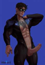 Rule 34 | 1boy, abs, aliast669, artist name, bara, batman (series), black bodysuit, black hair, blue background, blue bodysuit, bodysuit, chest tattoo, closed mouth, dc comics, dick grayson, domino mask, erection, highres, jewelry, large pectorals, male focus, mask, muscular, muscular male, navel, nightwing, open bodysuit, open clothes, pectorals, penis, ring, short hair, simple background, smile, solo, tattoo, thick thighs, thighs, two-tone bodysuit