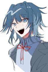 Rule 34 | 1girl, blue eyes, blue hair, blue jacket, blue shirt, commentary request, hair intakes, highres, hirako daishougun, jacket, looking at viewer, neck ribbon, original, red ribbon, ribbon, shirt, short hair, simple background, solo, teeth, upper body, upper teeth only, white background