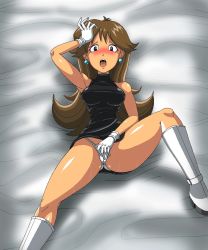 Rule 34 | 1girl, armpits, blue eyes, blush, boots, brown hair, creatures (company), deadmoon (kein2002), dress, earrings, game freak, gloves, green (pokemon), high heel boots, high heels, highres, jewelry, long hair, lying, nintendo, on back, open mouth, panties, pokemon, pokemon adventures, sleeveless, sleeveless dress, solo, spread legs, sweat, tagme, thighs, third-party source, thong, turtleneck, turtleneck dress, underwear, very long hair