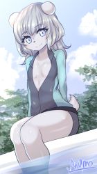 Rule 34 | 1girl, animal ears, arms behind back, artist name, bear ears, bear girl, bear tail, blue eyes, blue sky, blush, breasts, closed mouth, cloud, collarbone, commission, day, female focus, furry, furry female, grey hair, happy, highres, legs together, light blush, long hair, looking at viewer, open clothes, original, outdoors, pool, rash guard, ryuusui arumo, shiny clothes, shiny skin, signature, sky, small breasts, smile, soaking feet, solo, swimsuit, tail, thighs, tree, water, wet