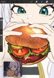 Rule 34 | 1girl, black shirt, burger, cucumber, earrings, eating, food, frieren, green eyes, grey hair, hands up, highres, jacket, jewelry, lettuce, long hair, meat, multiple views, pointy ears, shirt, slewpie, smile, sousou no frieren, striped clothes, striped shirt, tomato, tomato slice, twintails, white jacket, white shirt