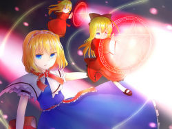 Rule 34 | 1girl, alice margatroid, black background, blonde hair, blue dress, blue eyes, book, bow, capelet, dress, female focus, greek text, hair bow, hairband, hourai doll, kneehighs, laser, looking at viewer, magic circle, mary janes, outstretched arm, parted lips, pentagram, red dress, reina (tyty123), ribbon, sash, shoes, short hair, socks, touhou
