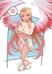 Rule 34 | 1girl, absurdres, alternate breast size, alternate costume, anger vein, blonde hair, breasts, collarbone, competition swimsuit, covering privates, covering breasts, duel monster, facial mark, feathered wings, forehead mark, full body, gradient hair, gradient wings, highres, hisousakuya, large breasts, long hair, multicolored hair, multicolored wings, nail polish, one-piece swimsuit, partially undressed, pink eyes, pink hair, pink nails, protecting spirit loagaeth, solo, speech bubble, spoken anger vein, swimsuit, toenail polish, toenails, very long hair, wings, yu-gi-oh!