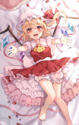 Rule 34 | 1girl, bed sheet, blonde hair, bloomers, blush, collared shirt, crystal, fingernails, flandre scarlet, frilled shirt collar, frilled skirt, frilled sleeves, frills, hair between eyes, hat, highres, long hair, looking at viewer, mob cap, nail polish, one side up, open mouth, red eyes, red nails, red skirt, red vest, shirt, short sleeves, skirt, solo, toenails, touhou, underwear, vest, wheat retzel, white bloomers, white hat, white shirt, wings, wrist cuffs