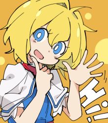 Rule 34 | 1girl, :d, alice margatroid, blonde hair, blue dress, blue eyes, blush, bright pupils, commentary request, cookie (touhou), dress, hair intakes, ixy, looking at viewer, open mouth, orange background, shirt, short hair, smile, solo, touhou, upper body, waving, web (cookie), white pupils, white shirt