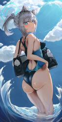 Rule 34 | 1girl, absurdres, animal ear fluff, animal ears, ass, black one-piece swimsuit, blue archive, blue eyes, blue sky, breasts, cloud, commentary, competition swimsuit, covered navel, cross hair ornament, extra ears, feet out of frame, from behind, grey hair, hair ornament, halo, highres, jolrim (jolrim79), looking at viewer, looking back, low ponytail, medium breasts, medium hair, mismatched pupils, multicolored clothes, multicolored swimsuit, official alternate costume, one-piece swimsuit, shiroko (blue archive), shiroko (swimsuit) (blue archive), sky, solo, swimsuit, wading, water, waves, wolf ears
