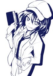 Rule 34 | 1girl, ashiroku (miracle hinacle), cabbie hat, card, collared shirt, commentary request, flat cap, from above, hat, highres, holding, holding card, holding notebook, id card, jacket, medium hair, monochrome, necktie, notebook, open clothes, open jacket, parted lips, pointy ears, shameimaru aya, shameimaru aya (newsboy), shirt, shorts, simple background, solo, touhou, v-shaped eyebrows, white background