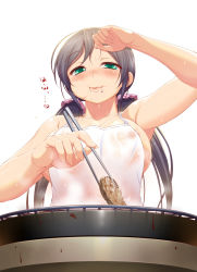 Rule 34 | 10s, 1girl, aida takanobu, apron, armpits, bad id, bad pixiv id, blush, breasts, chopsticks, eating, food, food on face, green eyes, grill, large breasts, love live!, love live! school idol project, low twintails, meat, naked apron, nipples, see-through, solo, sweat, tojo nozomi, translation request, twintails