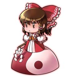 Rule 34 | 04bou, 1girl, ascot, bow, brown eyes, brown hair, chibi, detached sleeves, dress, embellished costume, female focus, full body, gohei, hair bow, hair tubes, hakurei reimu, holding, long sleeves, red bow, red dress, ribbon-trimmed sleeves, ribbon trim, short hair, sidelocks, simple background, solo, standing, stick, touhou, yin yang